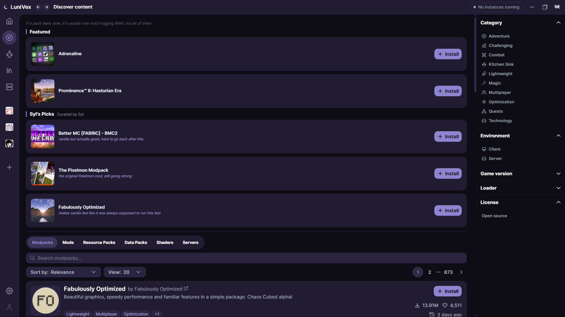 LuniVex discover page
